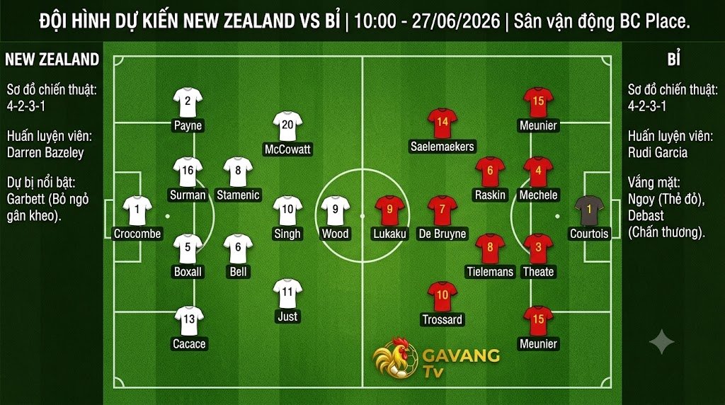 Sơ đồ đội hình dự kiến trận New Zealand vs Bỉ 10h00 ngày 27/06 chuẩn xác nhất từ chuyên gia Gavang TV.