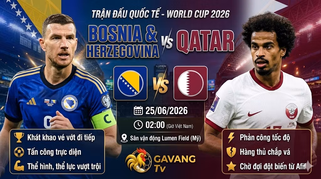 Nhận định trận đấu Bosnia vs Qatar vòng bảng World Cup 2026, hình ảnh đối đầu trực tiếp giữa Edin Dzeko và Akram Afif cập nhật mới nhất từ Gavang TV.