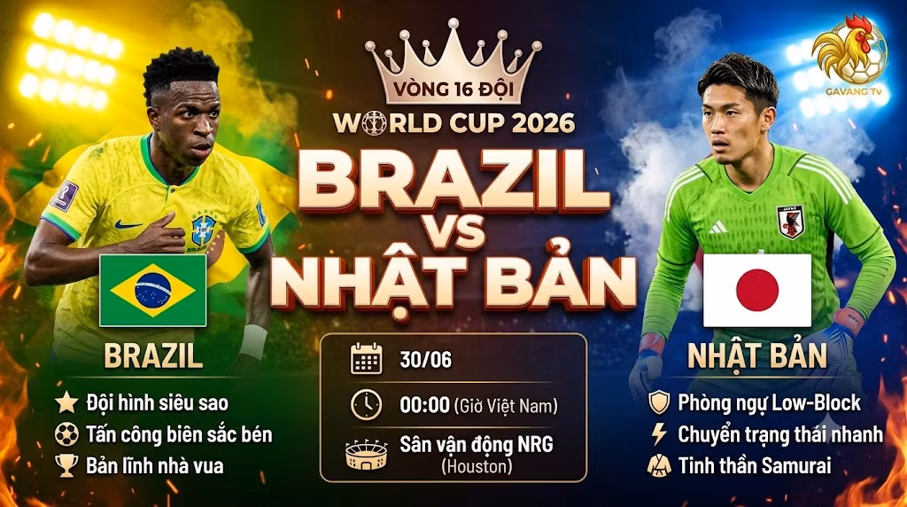 Hình ảnh nhận định trận đấu Brazil vs Nhật Bản tại vòng 16 đội World Cup 2026, nổi bật với ngôi sao Vinicius Junior.