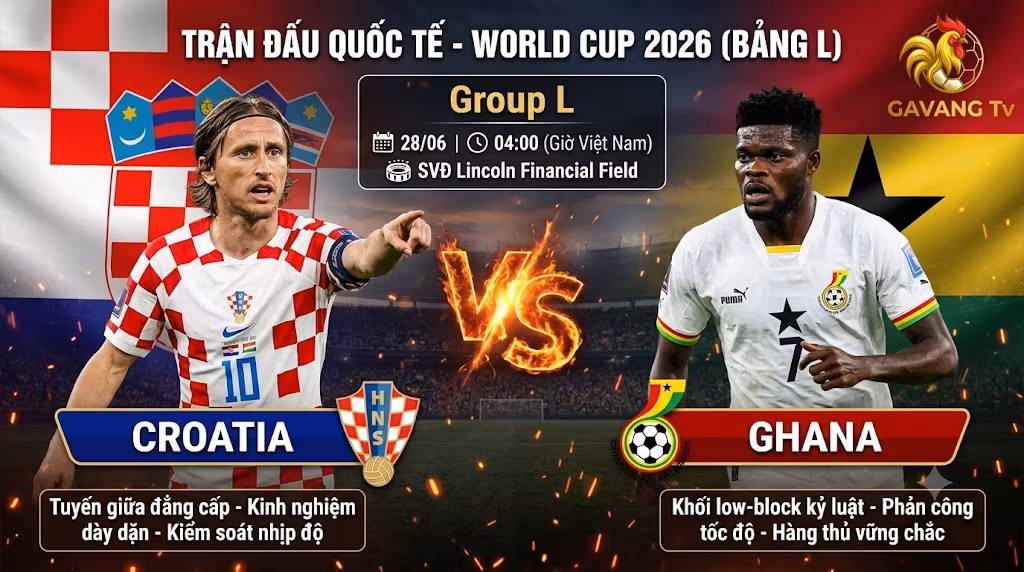 Hình ảnh nhận định soi kèo trận đấu Croatia vs Ghana bảng L World Cup 2026 trực tiếp tốc độ cao tại Gavang TV.